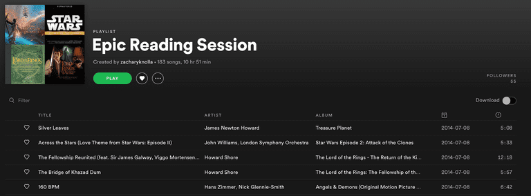 Screenshot da playlist "Epic Reading Session", do Spotify