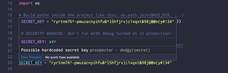 Exemplo de uso do Prospector + Dodgy + VS Code