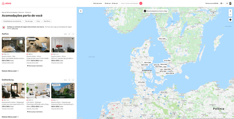 Interface de busca do Airbnb com o Google Maps